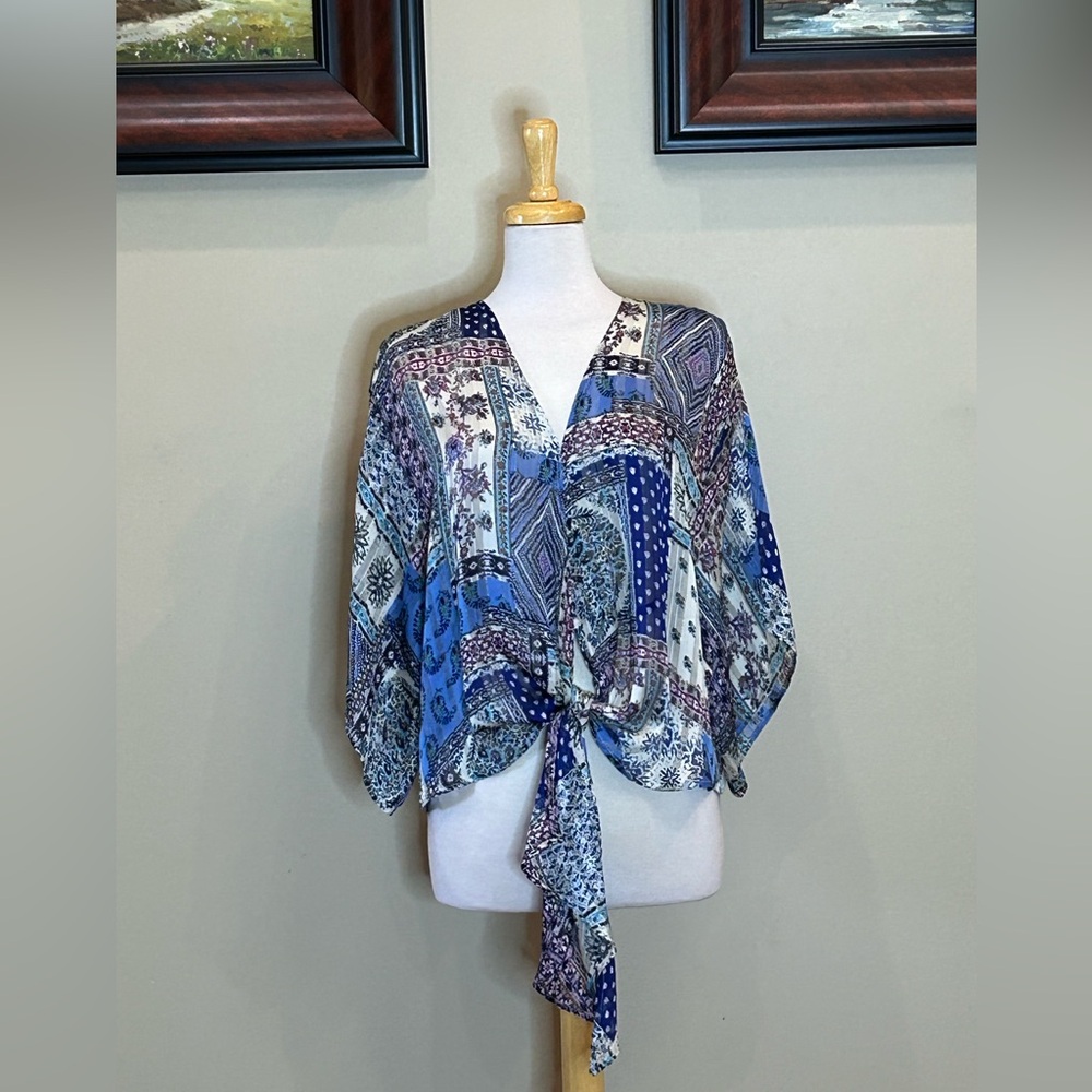 By Together | Size Large Blue Patterned Boho Top